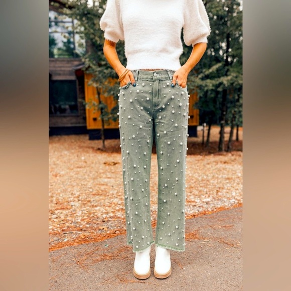 POL Pearl Beaded Distressed Raw Hem Straight Leg Denim Sage Green - Picture 9 of 9